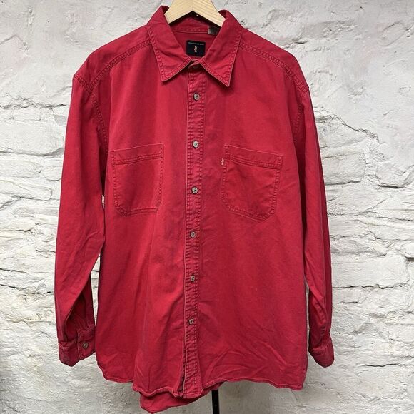 Levis Red Tab Shirt Faded Red Denim Jean Metal Button Vintage 90s Y2K Large - Picture 1 of 7